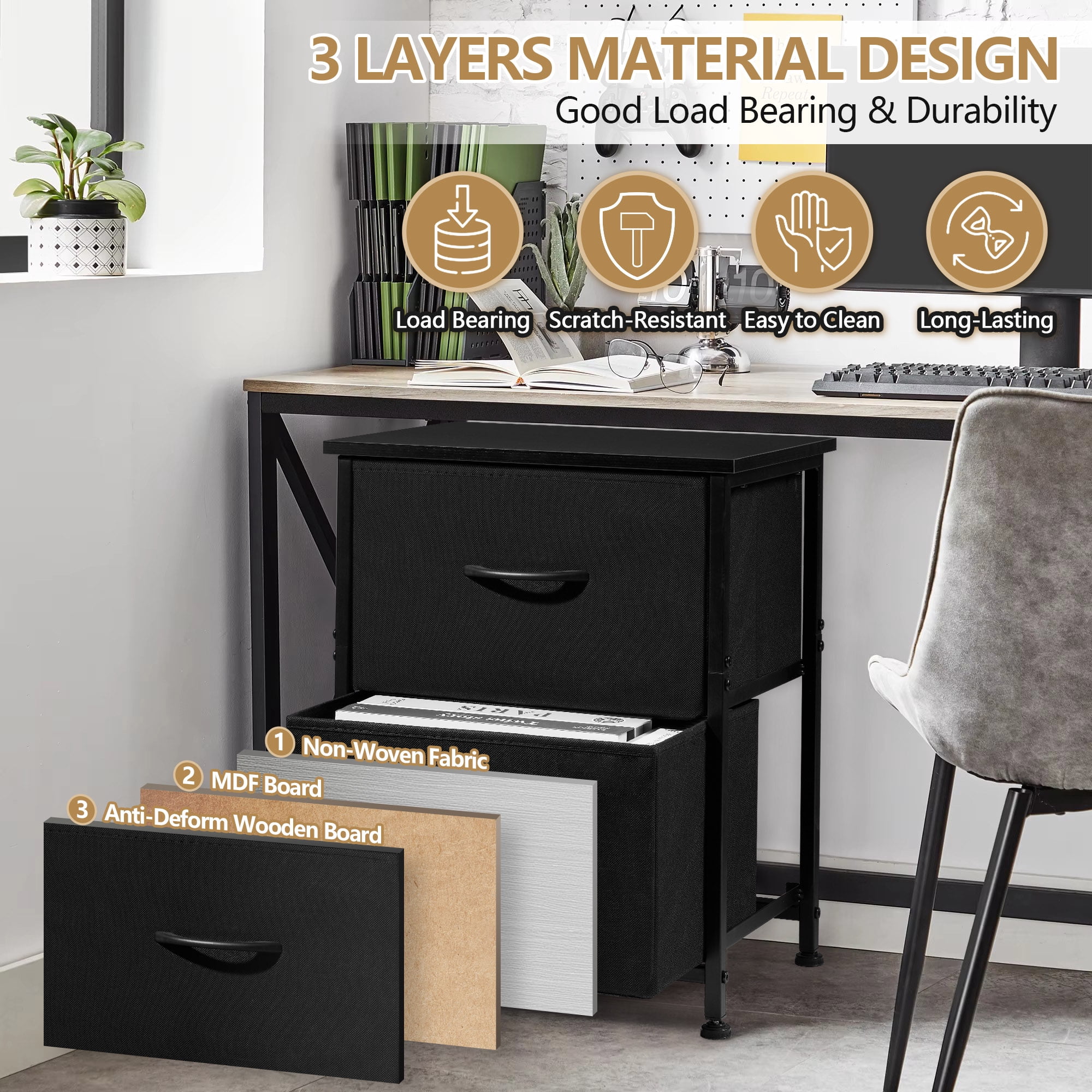 Coliware File Cabinet, Modern Wood Filing Organizer Table with Drawer, Desk Table Cabinet Fits A4 Letter Size, Home Office Furniture for Under Desk Storage, Black Printer Stand Table