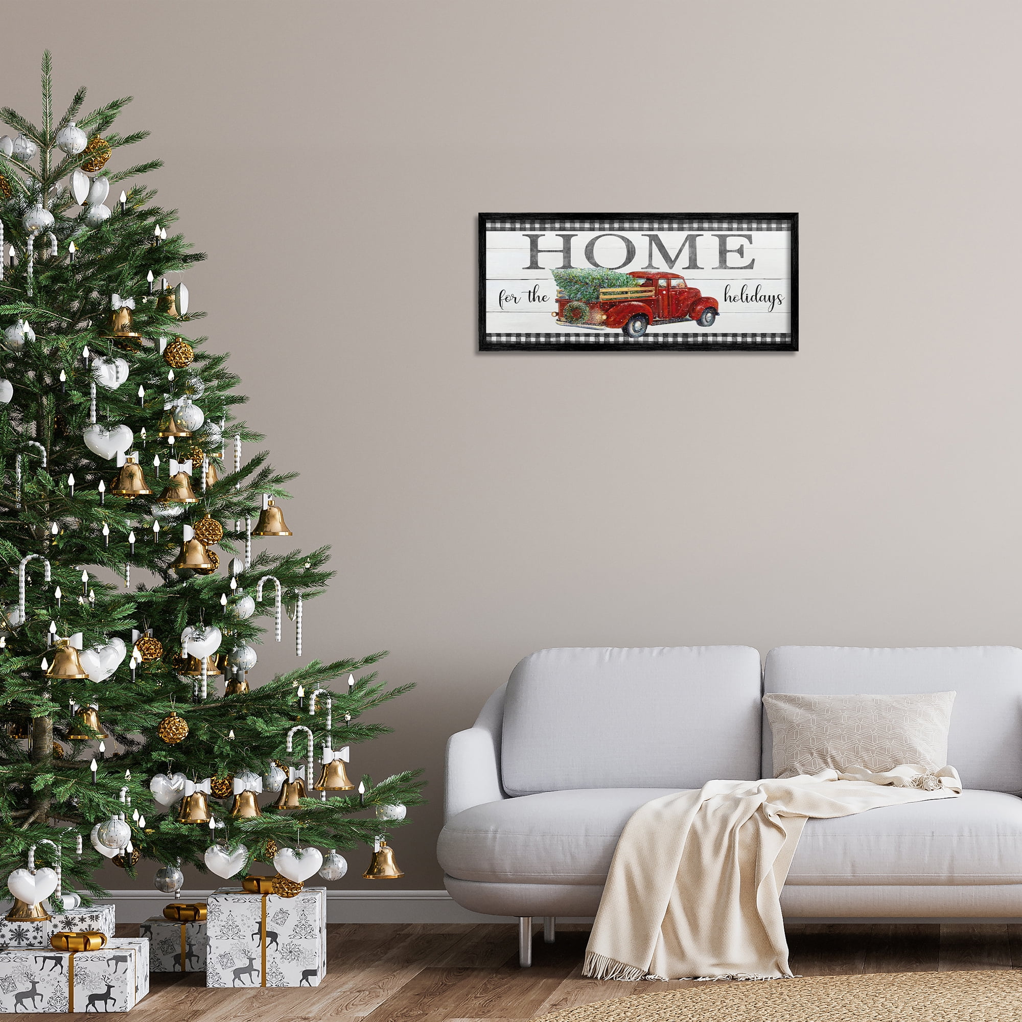 Stupell Industries Home For Holidays Truck Holiday Painting Black Framed Art Prints Wall Art, 30 x 13