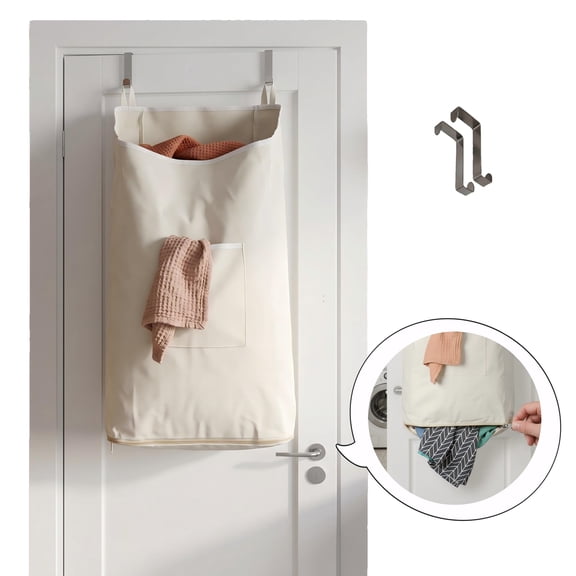 Laundry Collector & Hamper, Door Hanging Laundry Bag with Stainless Steel Hooks, Heavy Duty Poly Cotton Canvas, Large 65L Capacity, Space Saving, Beige