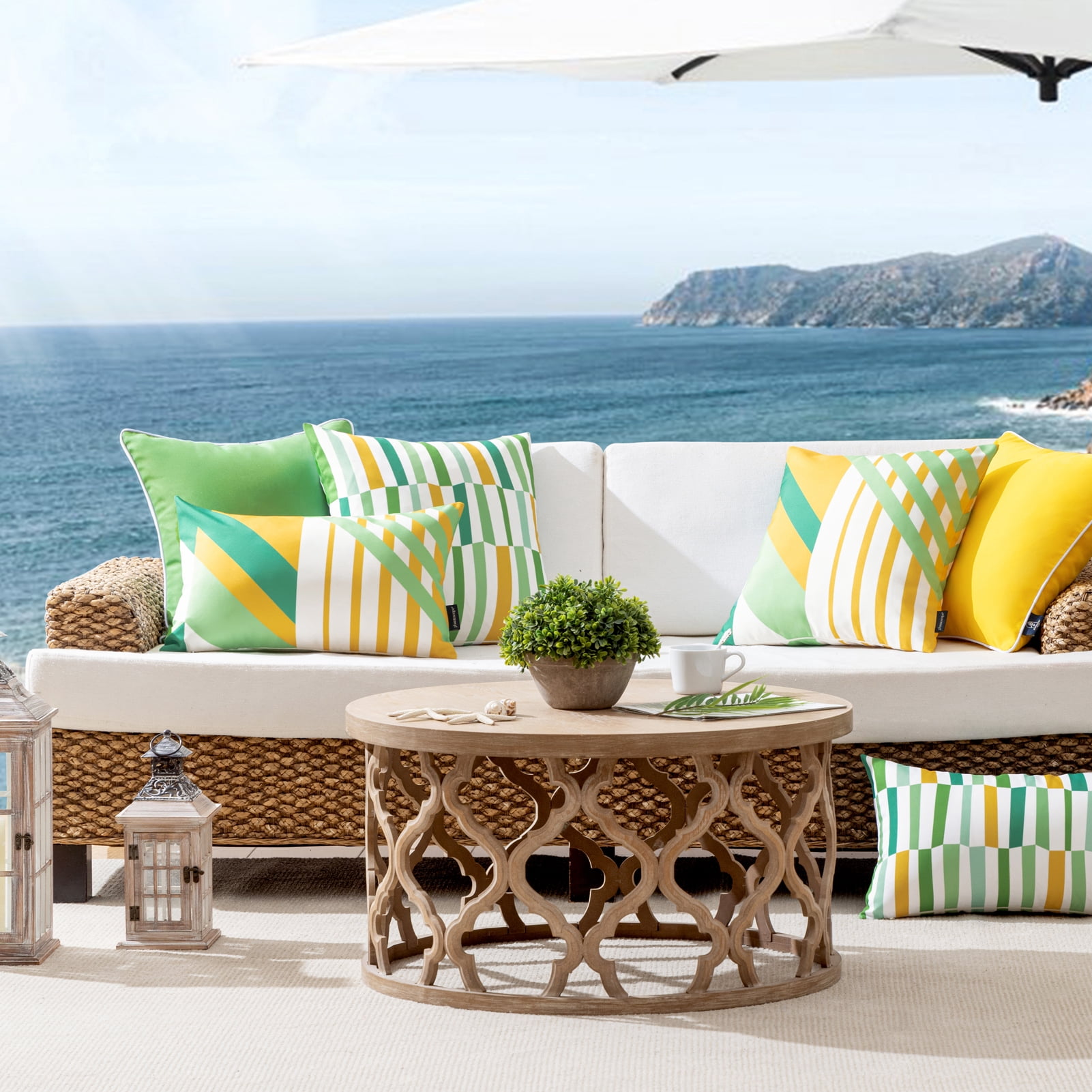 Phantoscope 2 Pack Waterproof Outdoor Decorative Throw Pillow 18x18, Geometric Color Block Patio Cushion Cases for Couch & Tent, Yellow & Green
