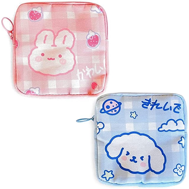 Caja organizadora de toallas sanitarias portátil de 2 piezas con diseño de animales de dibujos animados (rosa + azul), organizador de toallas sanitarias para mujeres, bolsa sanitaria para adolescentes