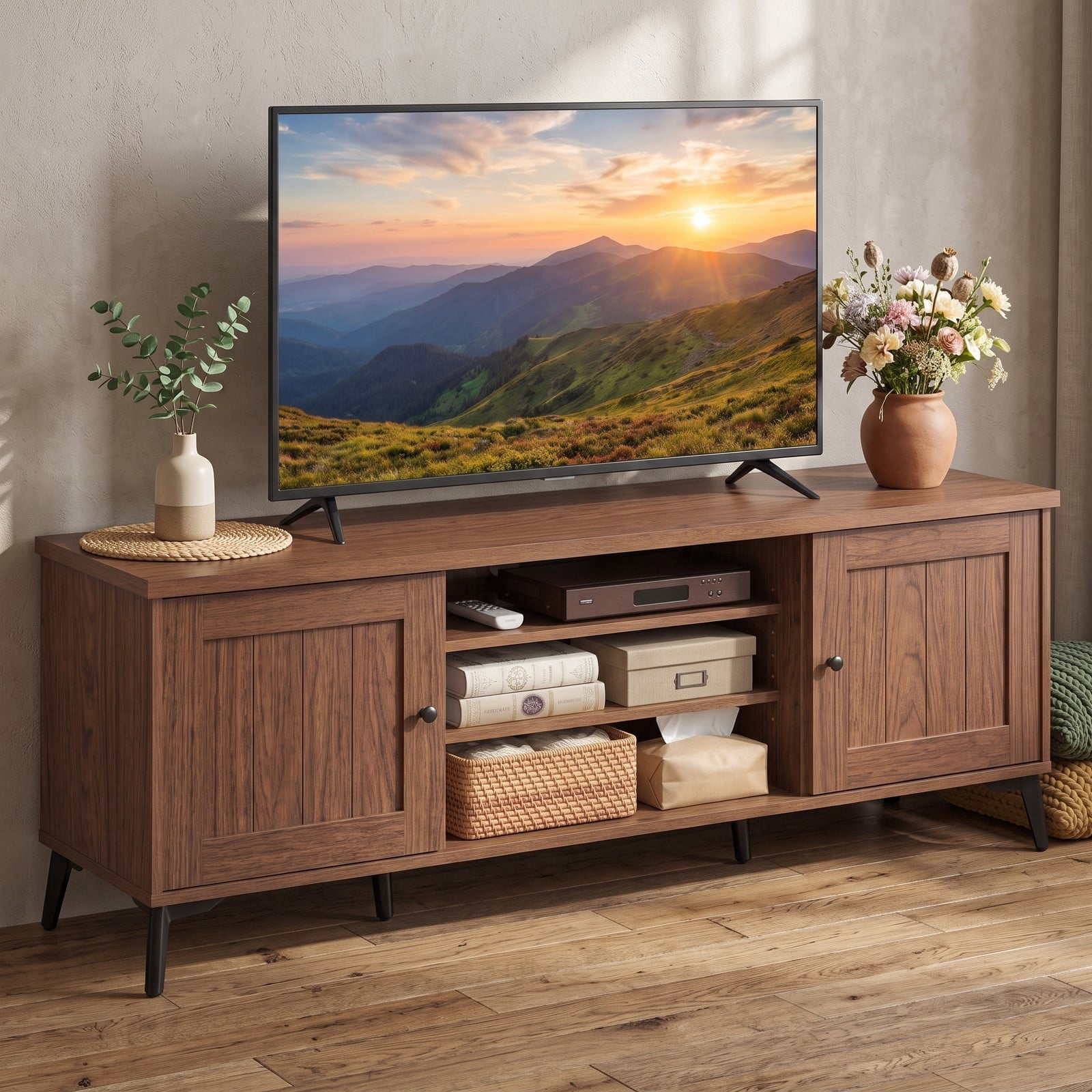 Furnibear 2-Door TV Stand for TVs up to 65 Inch, Mid Century Modern Entertainment Center with Adjustable Shelf, 3 Open Compartments & Cable, Turquoise/Brown