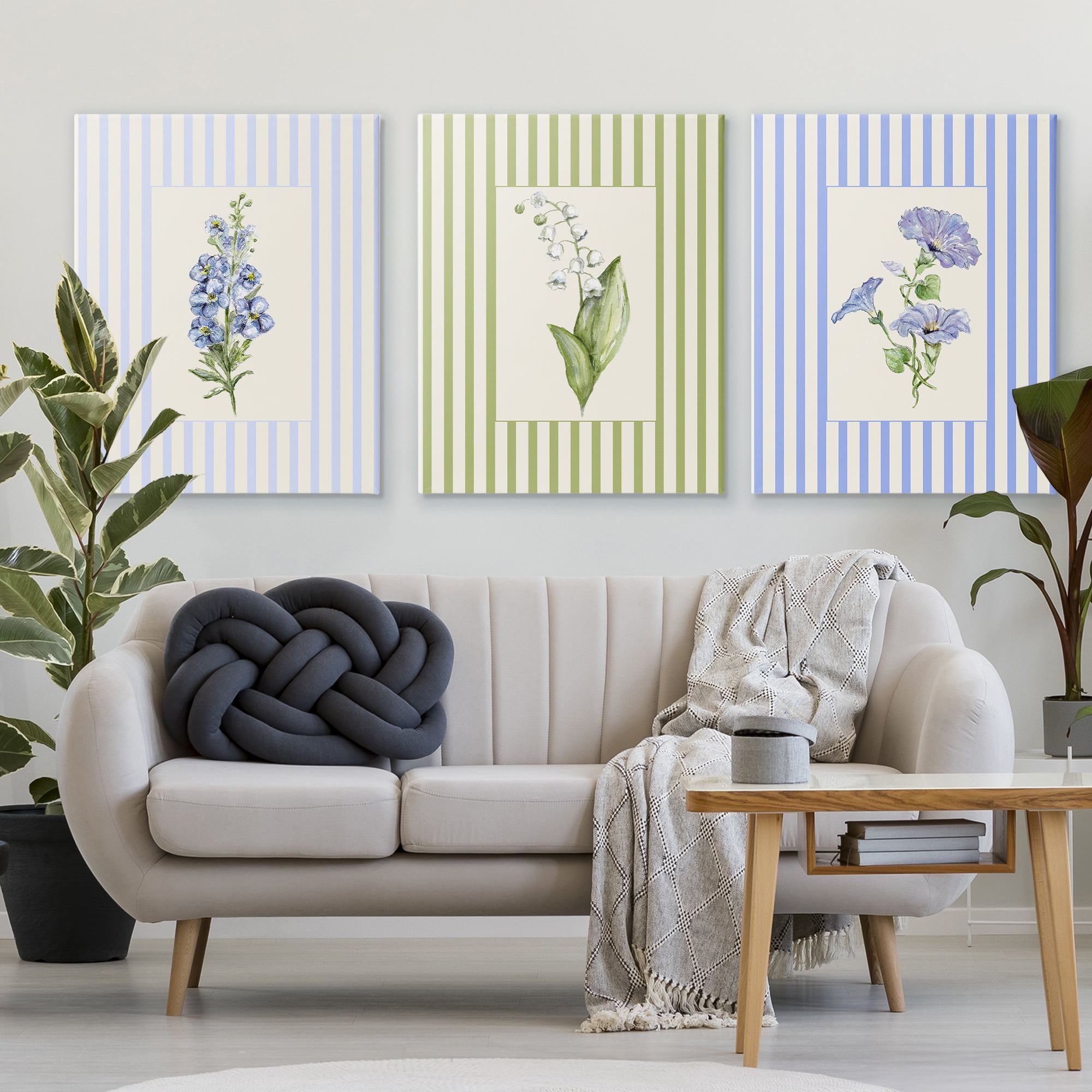 Soft Stripe Cottage Blooms 3 Piece Canvas Wall Art Set, design by Lisa Wehmeyer