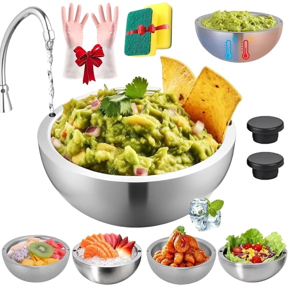 304 Stainless Steel Insulated Salad & Dipping Bowl, Double Wall Serving Bowl - Insulated Hot & Cold Dish for BBQs, For Cold Dips & Hot Foods