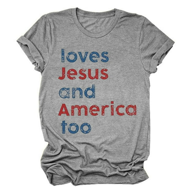 T-Shirt Patriotique du 4 Juillet pour Femmes - "Loves America Too" Imprimé, Col Rond, Haut d'Été Décontracté - S-TTTG