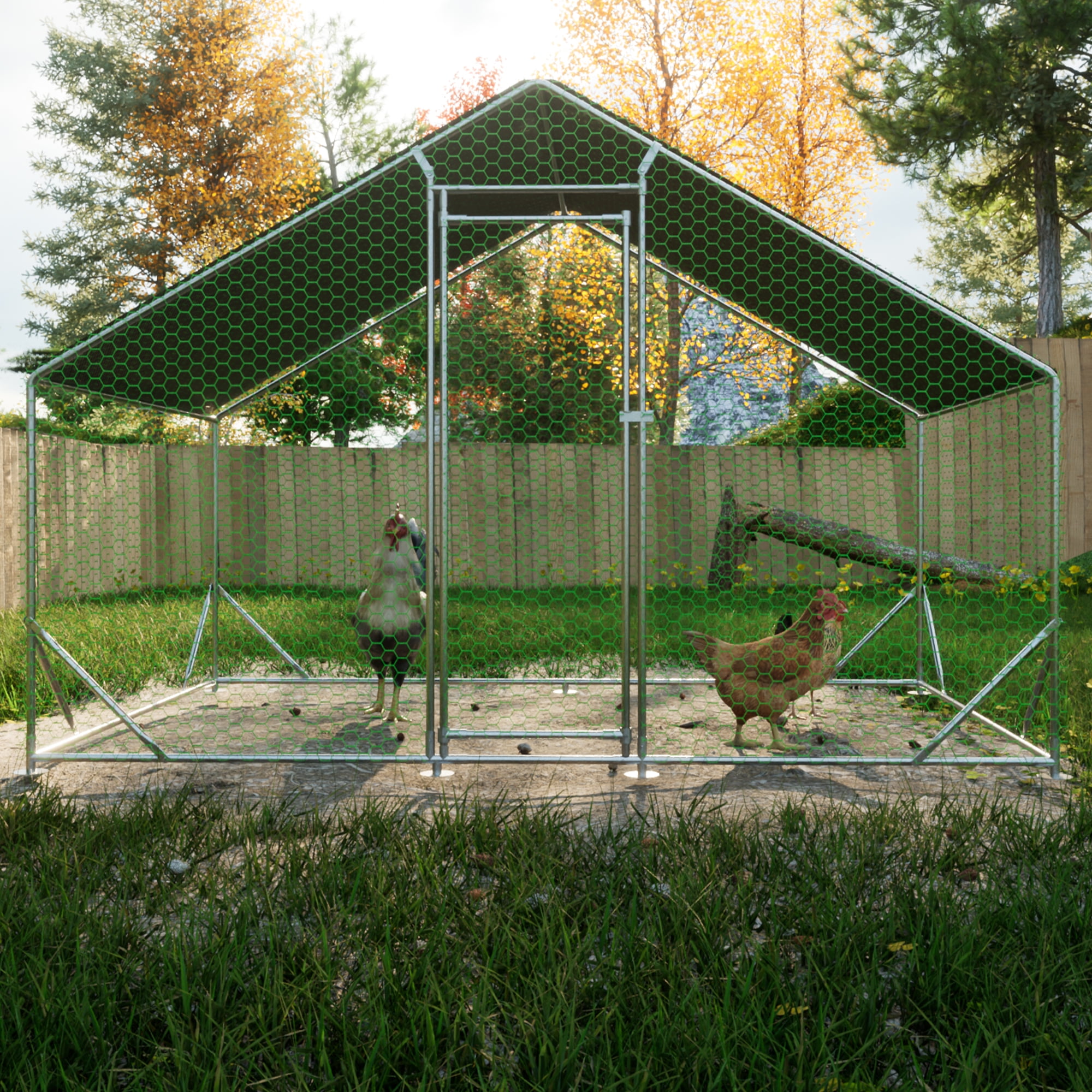 Large Walk-in Metal Chicken Coop 10'×6.6'×6.56', Galvanized Wire Poultry Run Cage with Waterproof Anti-UV Cover for Chickens Ducks Rabbits Outdoor Backyard Farm