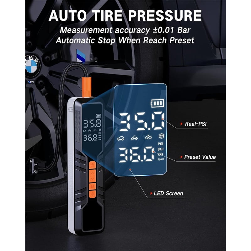 Tire Inflator Portable Air Compressor - 4X Air Pump for Car Tires, 150PSI&10000mAh Portable Tire Inflator for Car, 12DC Air Pump with Pressure Gauge/LED Light, Bike/Motorcycle/Ball/Car Accessories