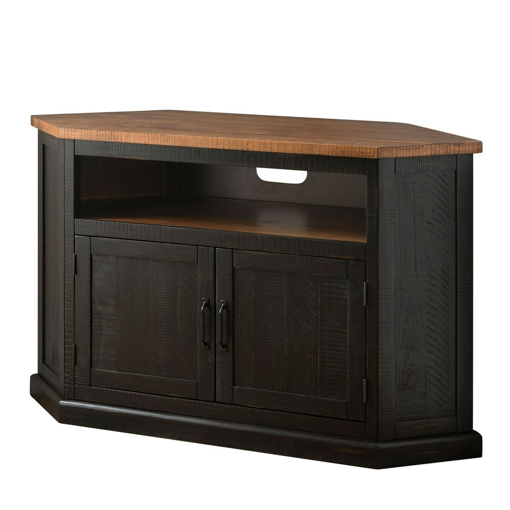 Rustic Style Wooden Corner TV Stand with 2 Door Brown