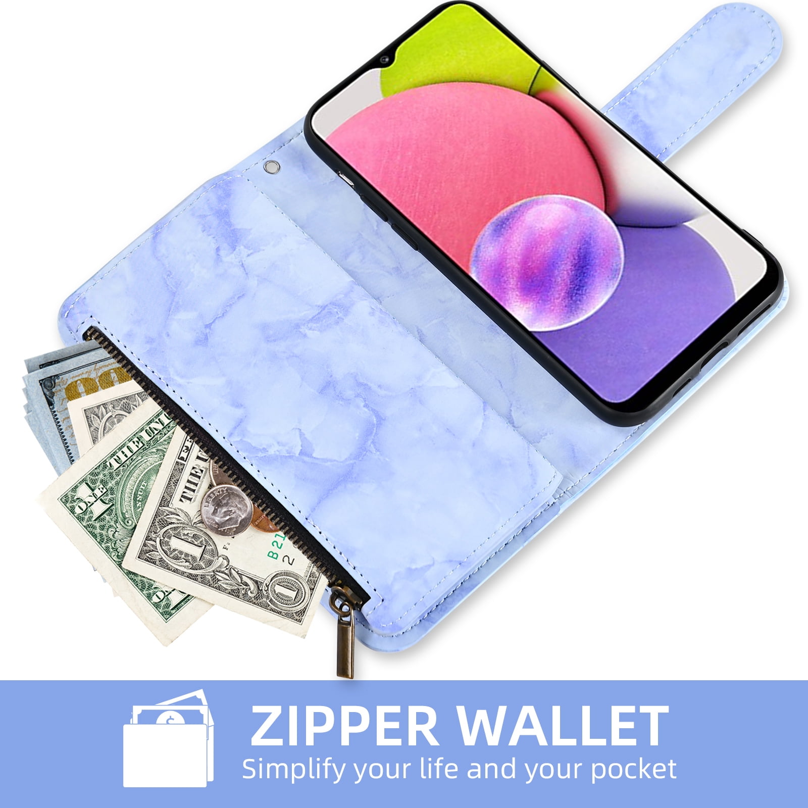 Asuwish Compatible with Samsung Galaxy A03s US Version 5G 2022 Wallet Phone Case and Tempered Glass Screen Protector Marble Flip Credit Card Holder Cell Cover for Ao3s A 03s SM-A037U SM A037U Blue