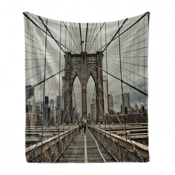 United States Soft Flannel Fleece Blanket, View of Historical Famous Brooklyn Bridge and Cable Pattern NYC Architecture, Cozy Plush for Indoor and Outdoor Use, 60" x 80", Beige Brown, by Ambesonne
