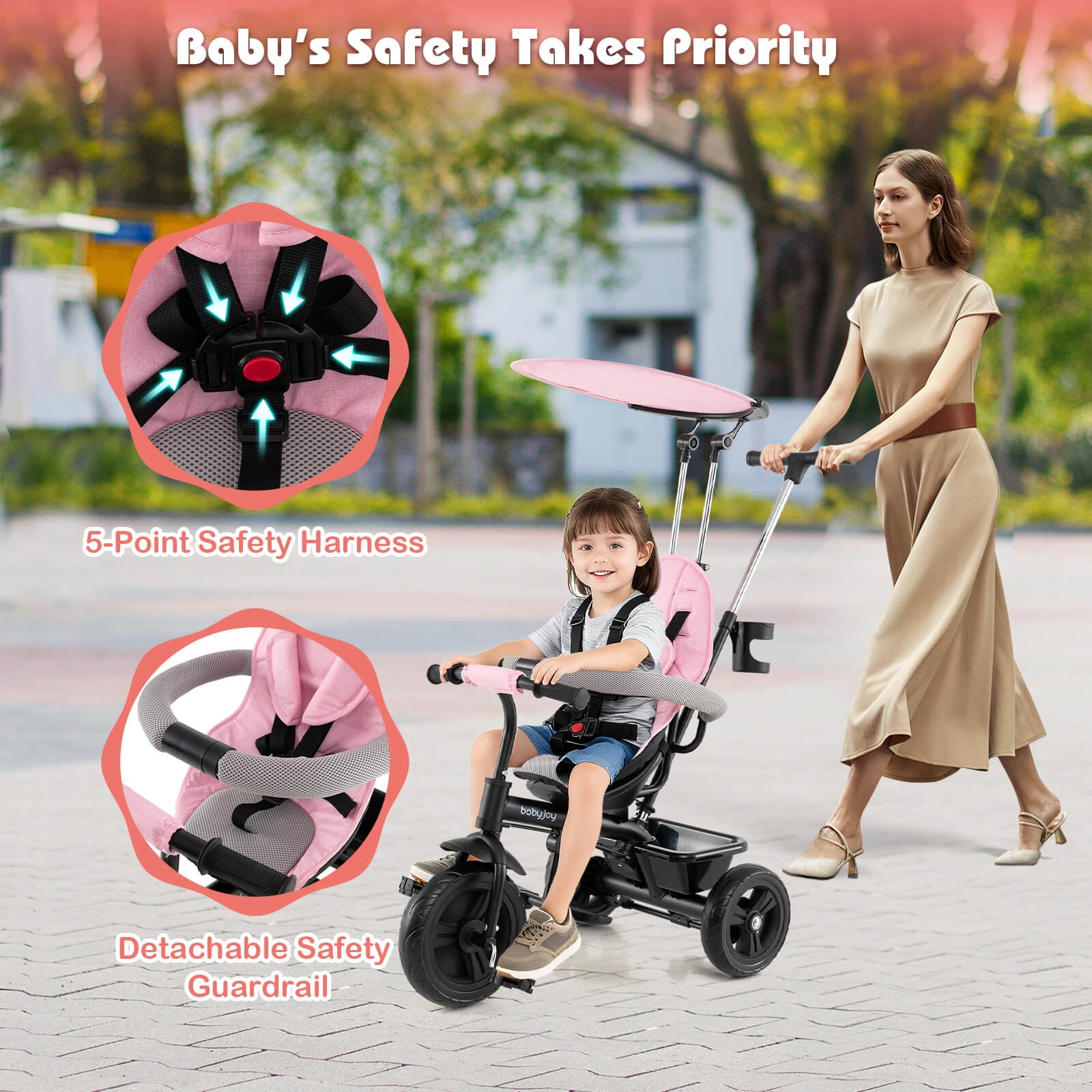 Costway Toddler Tricycle, 7 in 1 Push Trike with Adjustable Canopy Parent Push Handle Seat Pink