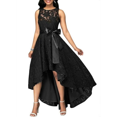 Sleeveless Woven Dress In Black - JustVH Women's Formal Floral Lace Sleeveless High-low Evening Party Maxi Dress