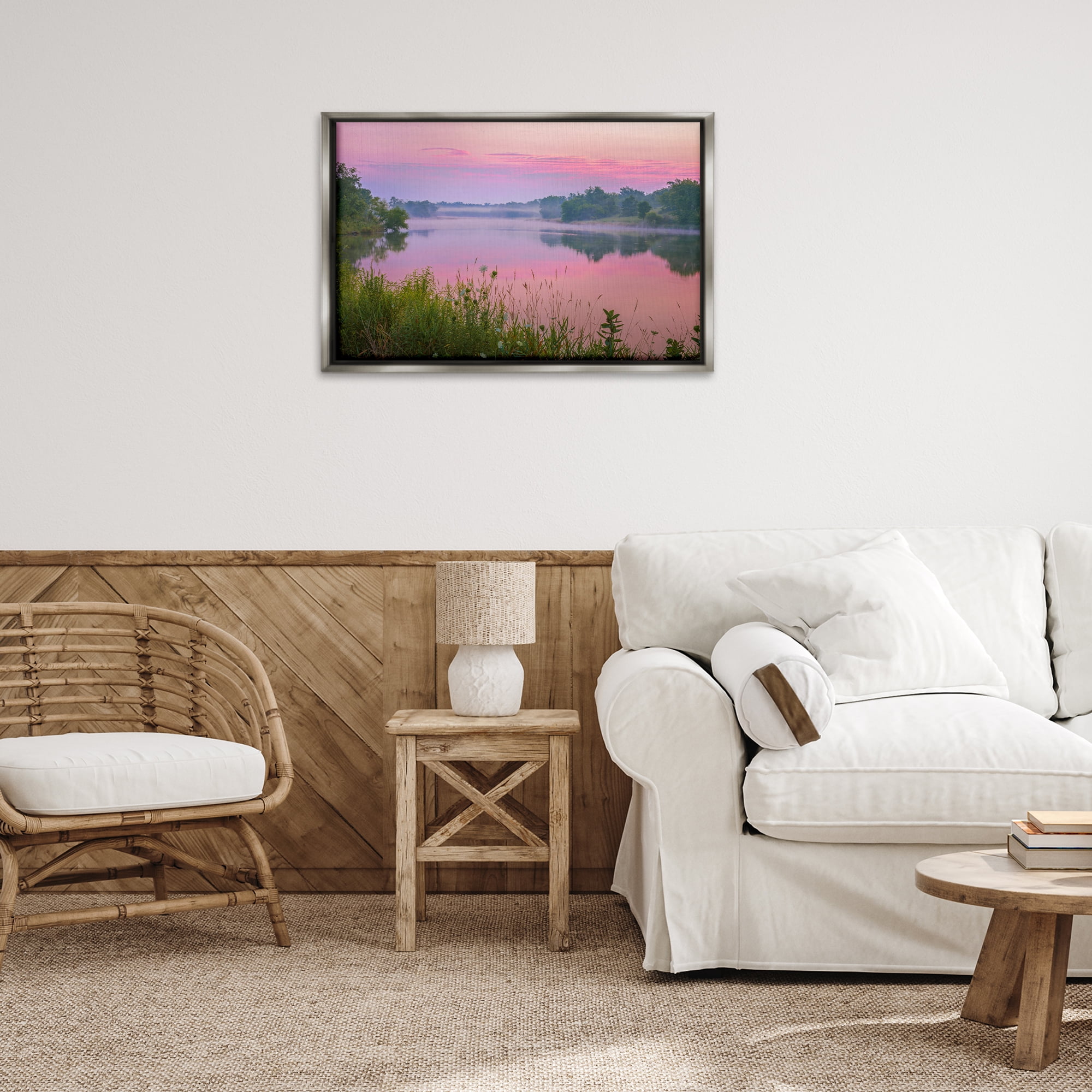 Stupell Industries Pink Dawn Sunrise Lake Landscape & Nature Photography Gray Floater Framed Canvas Art Print Wall Art, 31 x 21