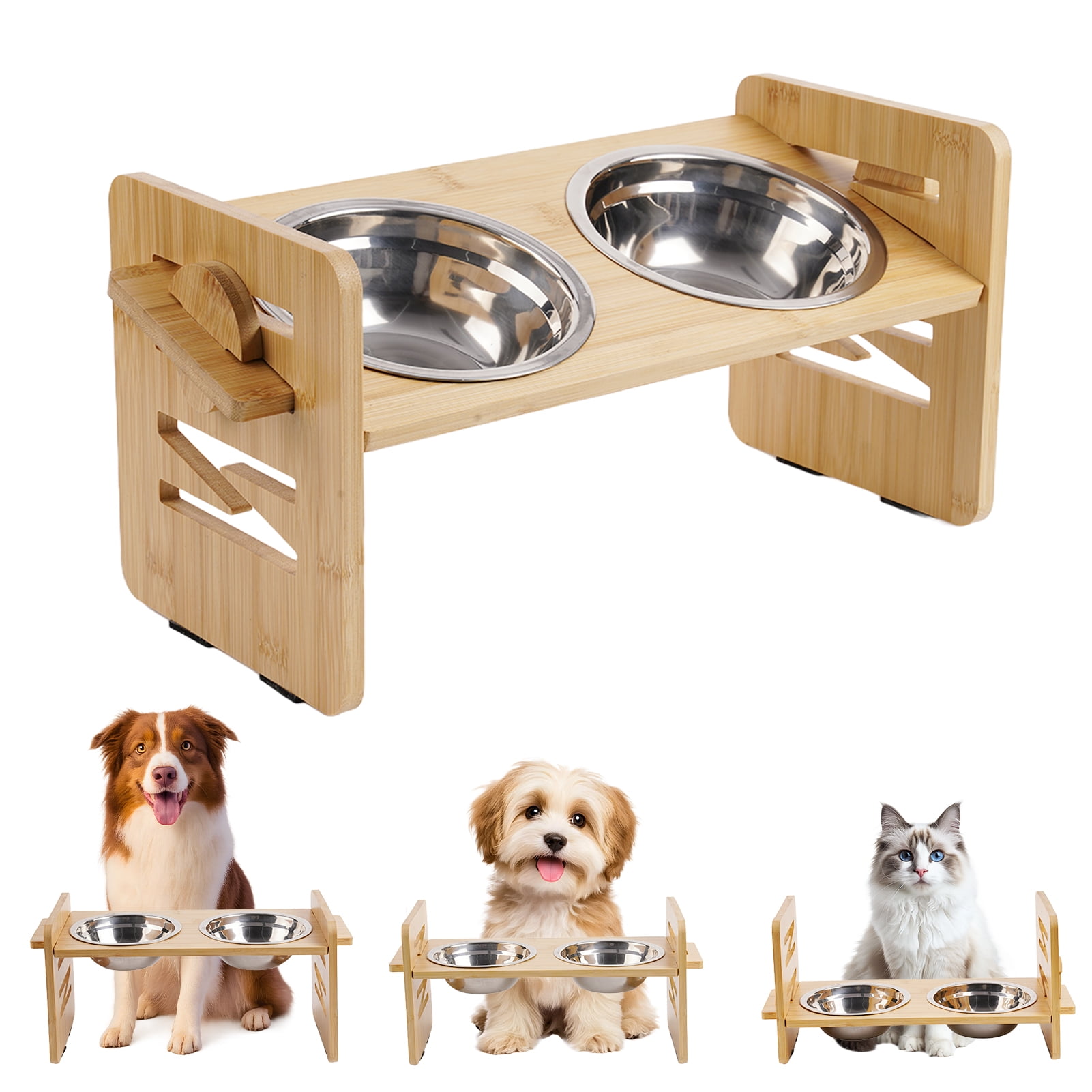 Lumikrypt Adjustable Elevated Dog Bowls, Raised Pet Feeder with 2 Stainless Steel Bowls, Non-Slip Stand with Multiple Heights for Small to Medium Dogs & Cats