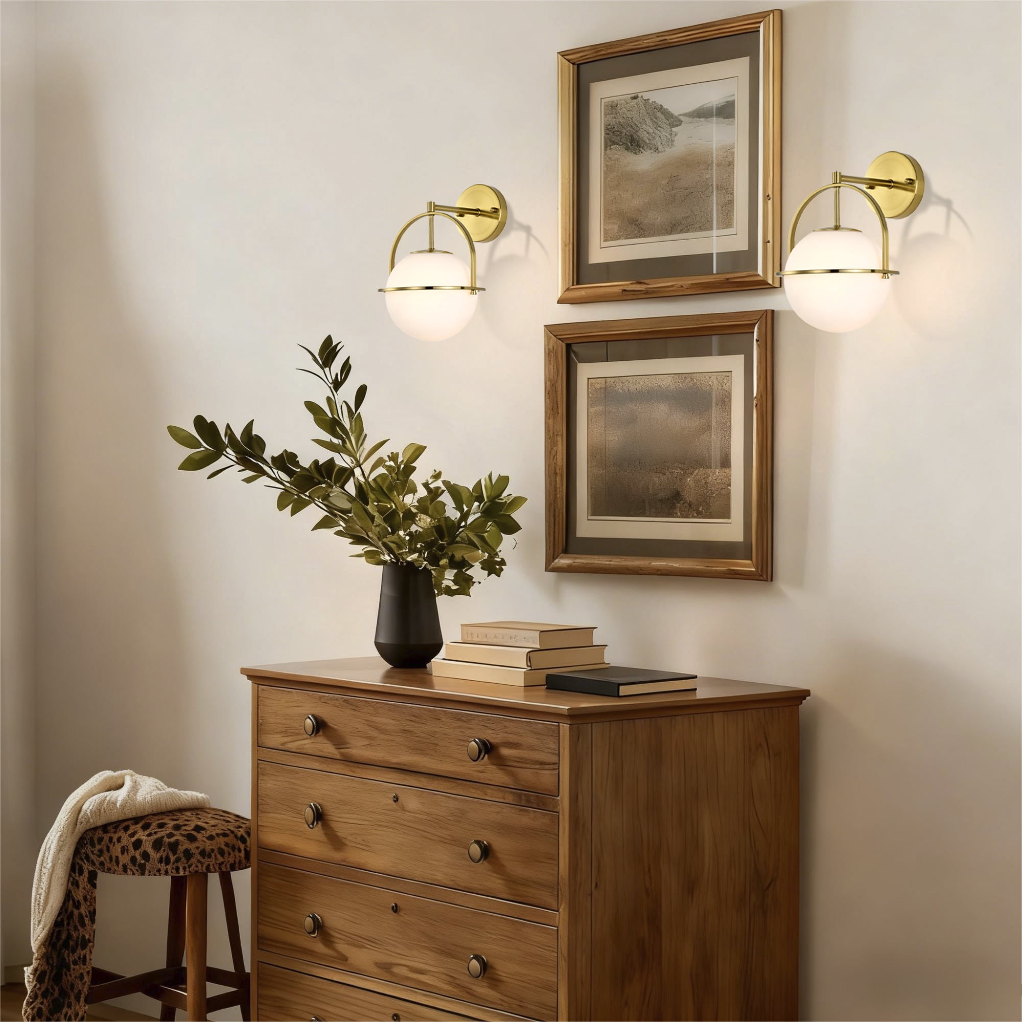 ASHOP Gold Wall Sconce Set of 2 Globe Glass Light Fixtures Mid-Century Modern Lamp with Frosted Shade