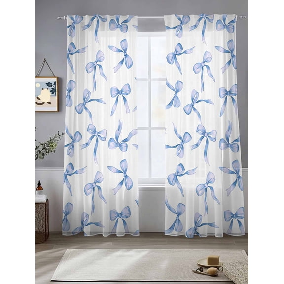 Blue Bow Sheer Curtains 2 Panels Set, 52" W x 84" L Watercolor Bow Retro Cute Light Filtering Rod Pocket Voile Drapes, Window Sheer Curtains for Living Room/Bedroom