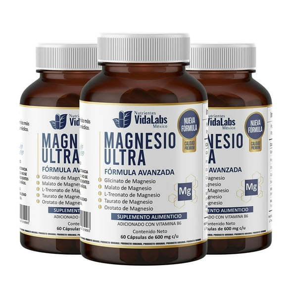 Pack 3 Frascos Magnesio NUTRIENTES VIDALABS MÉXICO Ultra nutrientes 180 cápsulas