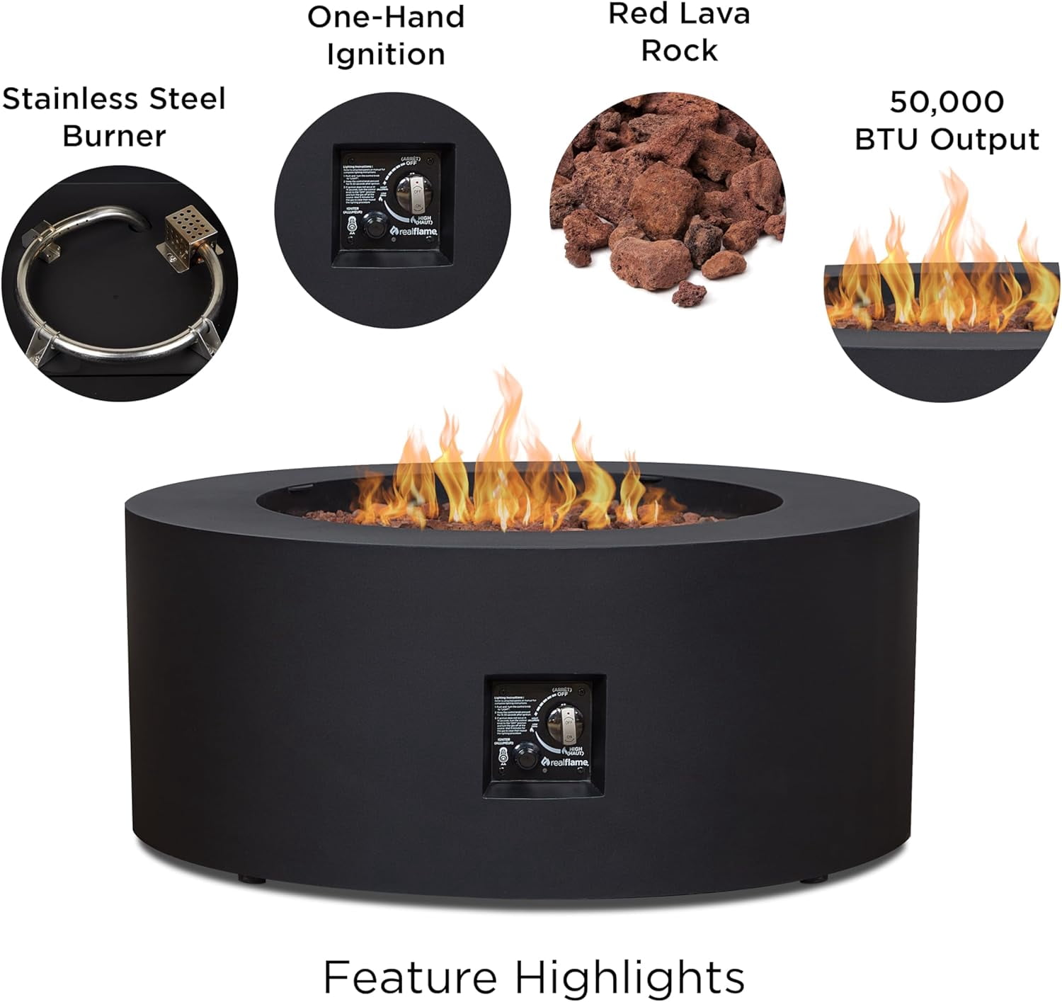 Real Flame Aegean 36" Round Steel Propane or Natural Gas Fire Pit Table in Black