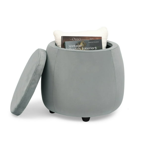 Homebeez Velvet Round Storage Ottoman, Footrest Stool With Removable Lid For Furniture Home Decoration,Gray 17.5"D x 16.9"H