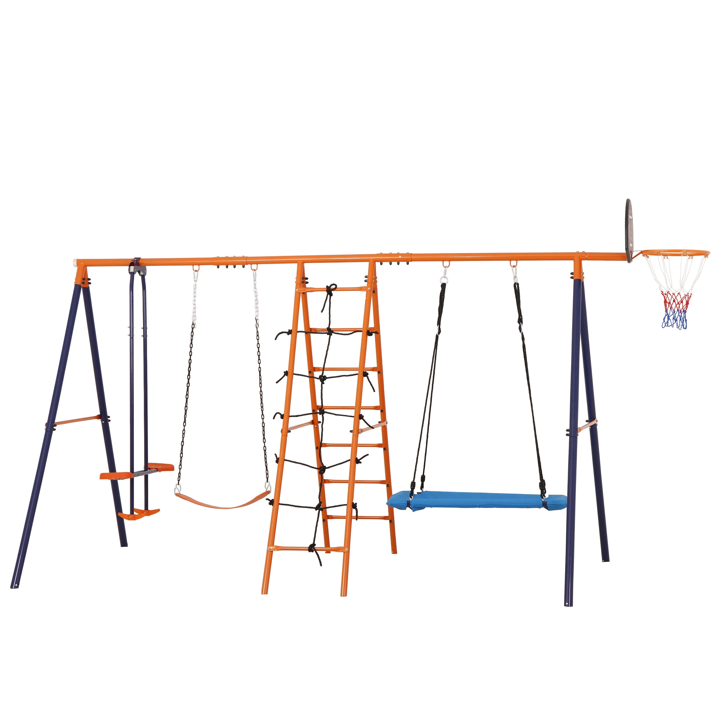 ZENSTYLE 6 in 1 Multifunctional Swing Set Steel Frame for Background with Seesaw, Basketball Rim, Climbing Ladder/Net