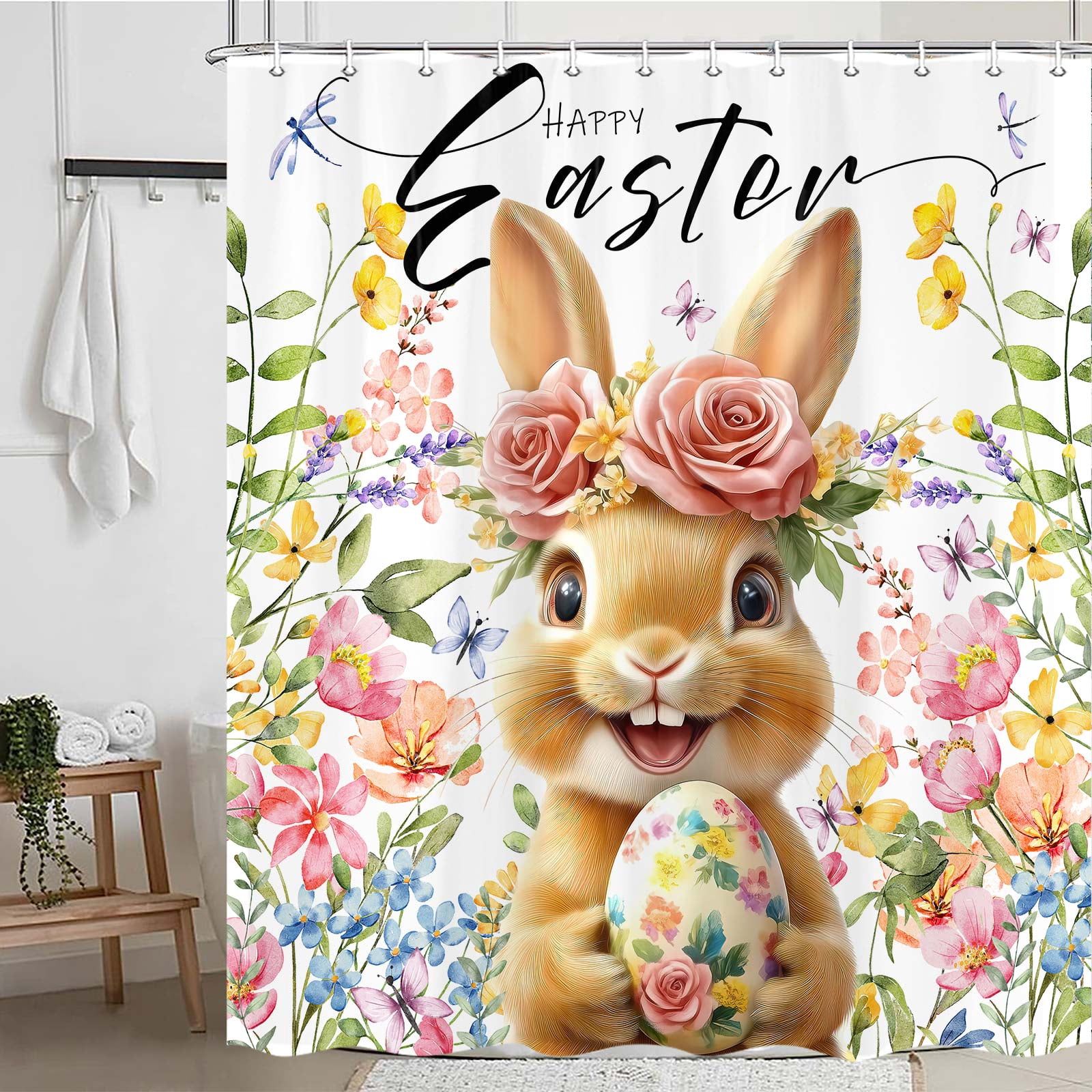 Spring Easter Bunny Shower Curtain, Happy Easter with Cute Rabbit Eggs Flower Shower Curtain for Bathroom, Colorful Floral Animal Farmhouse Spring Holiday Bath Curtain with Hooks, 69X70IN