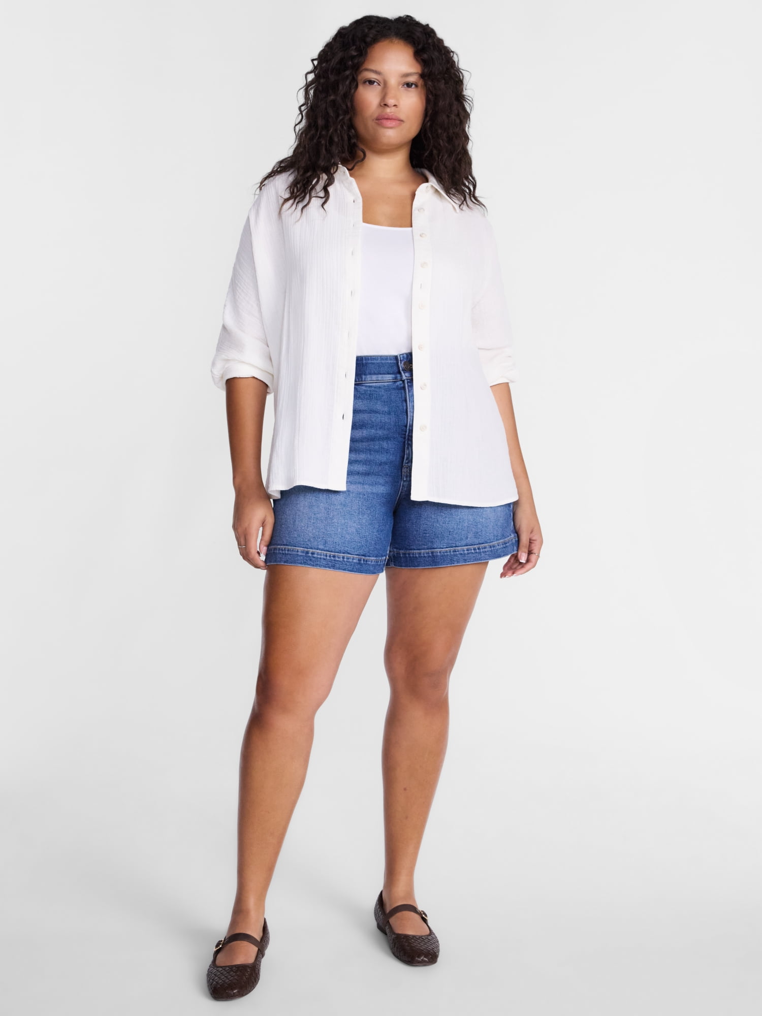Terra & Sky Women's Plus Button Front Woven Shirt with Long Sleeves, Sizes 0X- 5X