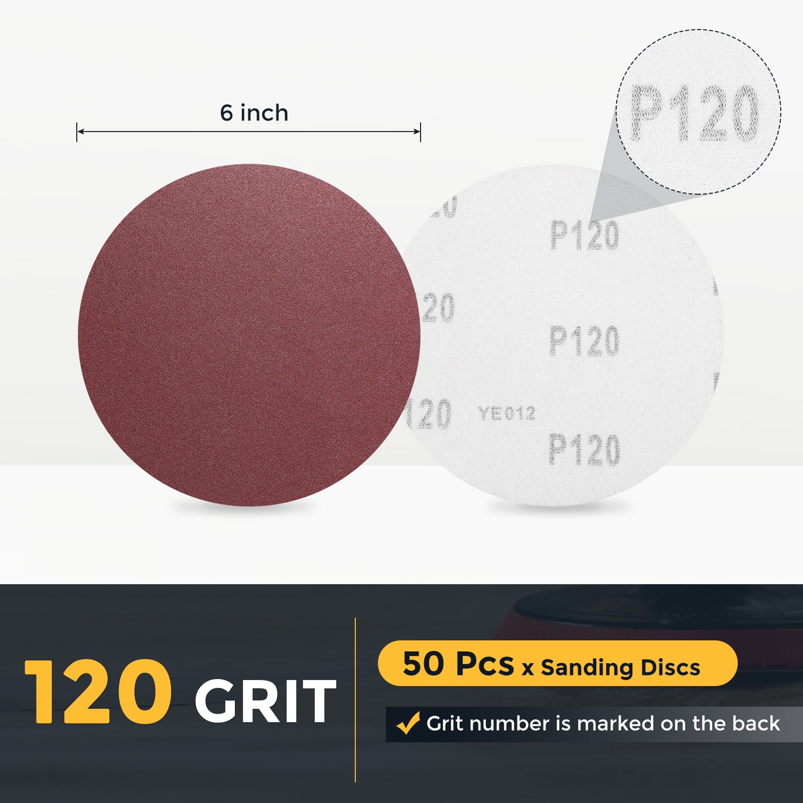 50 Pcs 6 Inch Sanding Disc 120 Grit Hook and Loop Sandpaper Random Orbital Sander Pads for Woodworking Automotive