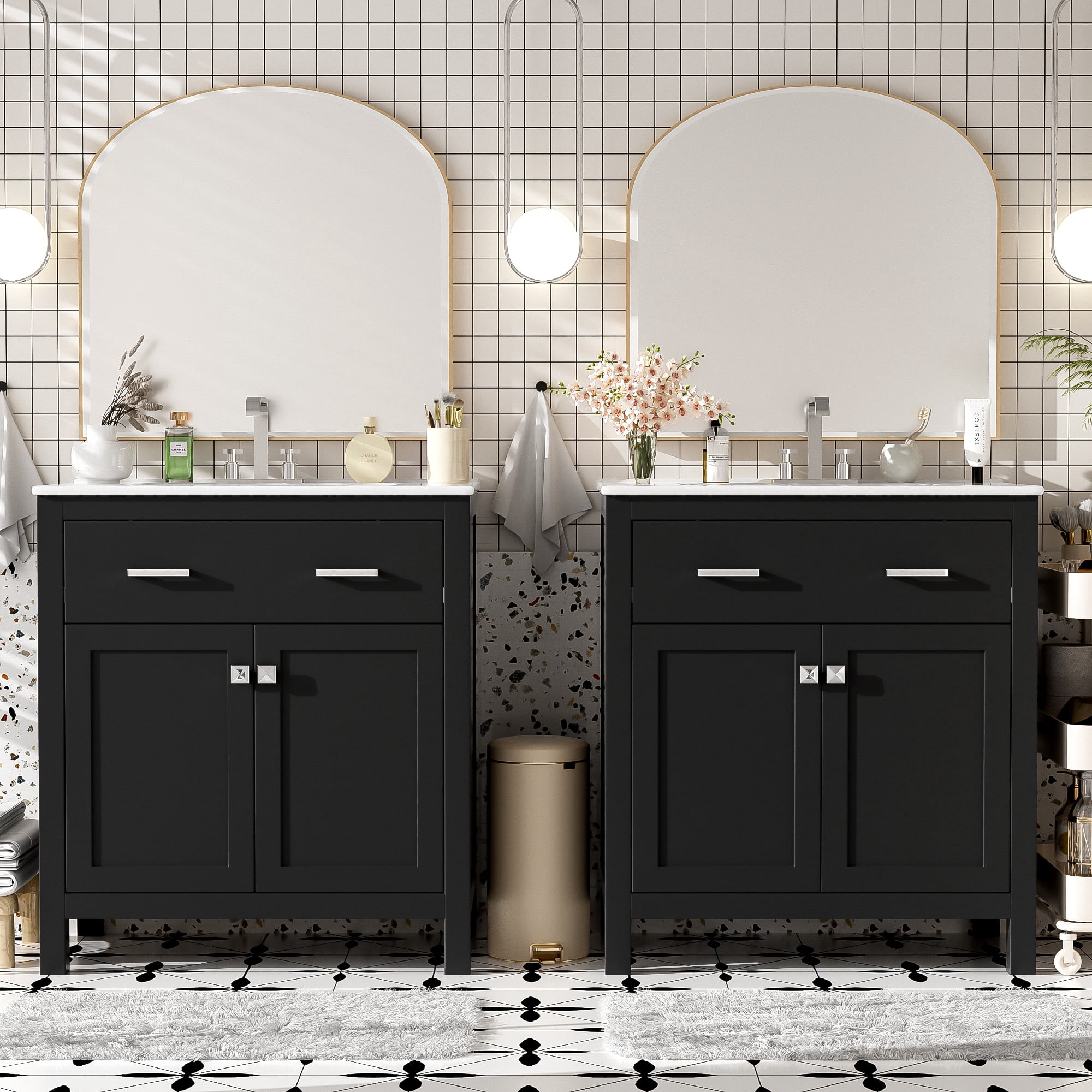 Euroco 60" Modern Black Bathroom Vanity Set with Double Vanities (Separate), Double Ceramic Sinks, Adjustable Shelf, Soft Close Doors and Flip Drawer– Modern Bathroom Solution for Spacious Bathrooms