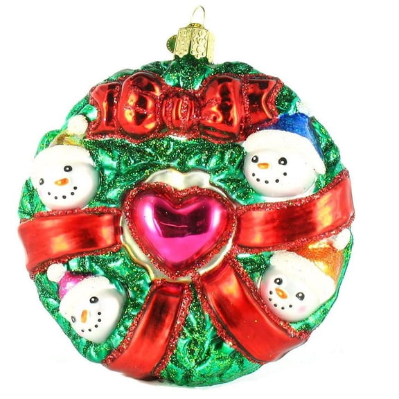 Old World Christmas Snowman Family Wreath Glass Ornament