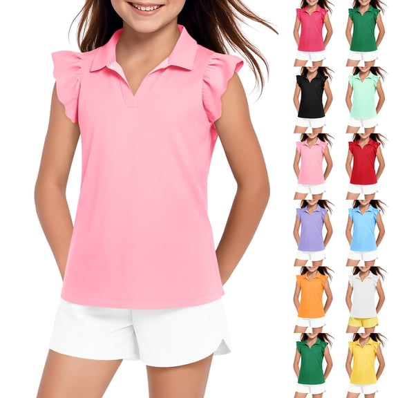 Girls Ruffle Short Sleeve Polo Shirt - Kids V-Neck School Uniform for Girls Golf Tennis Summer Tee Tops