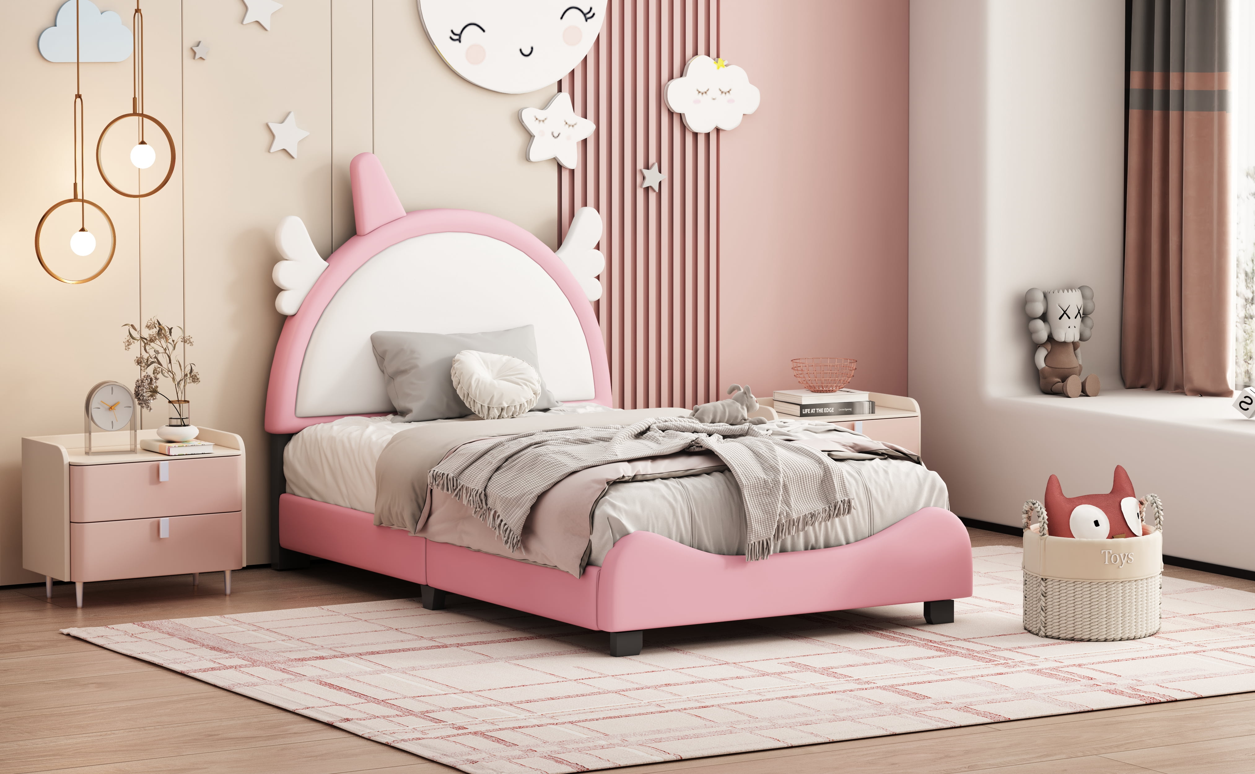 Cute Twin Size Bed Frame with Unicorn Shape Headboard,Twin Size Platform Bed Frame with Headboard and Footboard for Boys Girls ,80"x45"x45",White+Pink