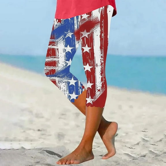 Sakmal Blue Women's Pants Slim Leg 4Th of July Oversized American Flag 7/8th Elastic Waist Mid Rise Capris