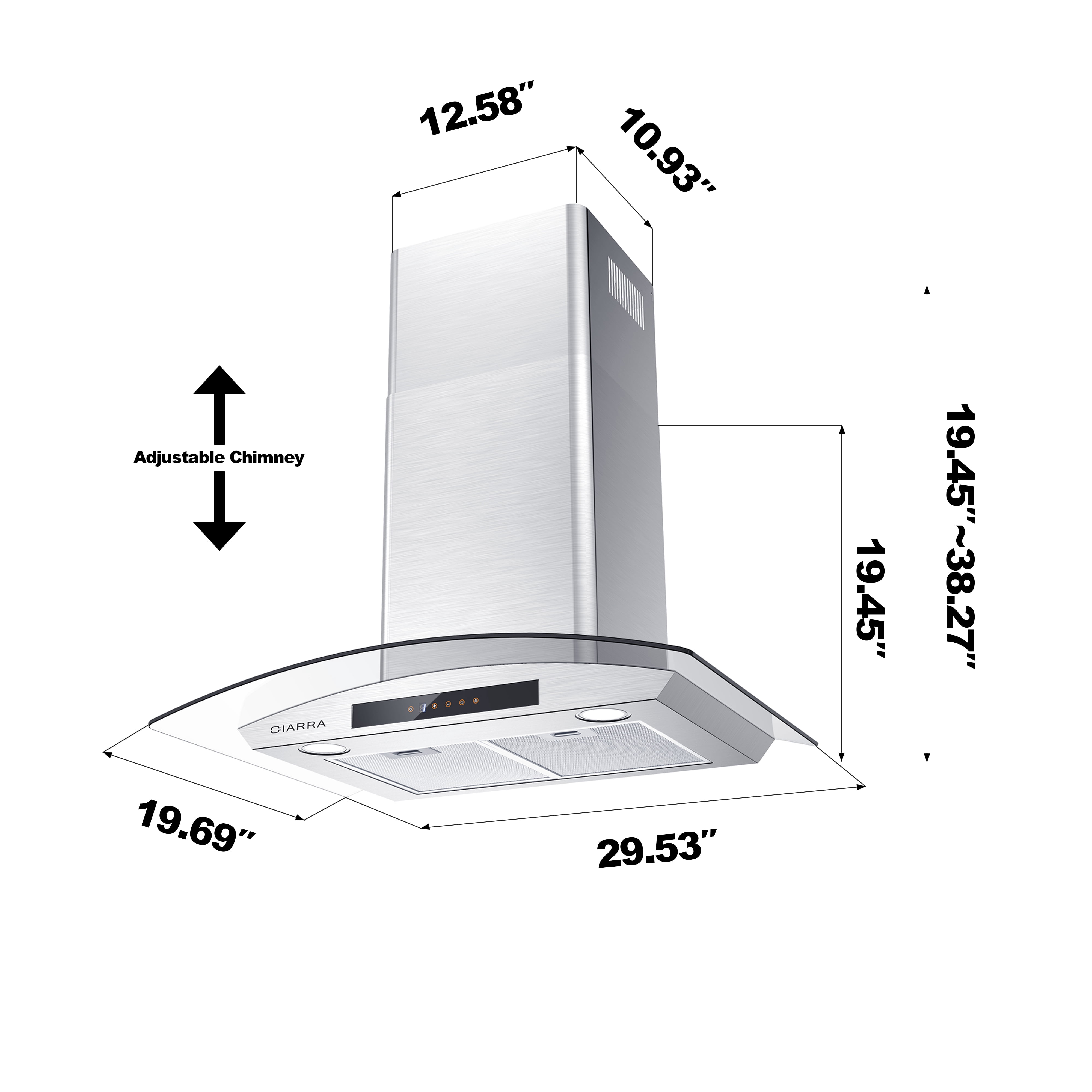 CIARRA Wall Mount Range Hood 30 inch with Tempered Glass 450 CFM Kitchen Vent Hood Ductless Ducted Convertible CAS50275