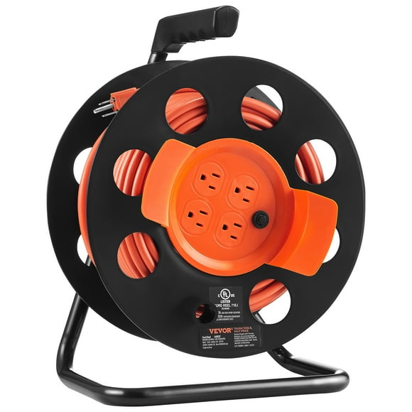 VEVOR Extension Cord Reel, 100FT, with 4 Outlets and Dust Cover, Heavy Duty 14AWG SJTOW Power Cord, Manual Cord Reel with Portable Handle Circuit Breaker