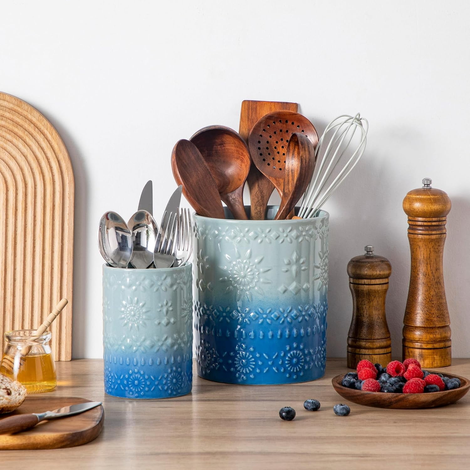 KitchenKey Utensil Holder, 7.2"+5.4" Ceramic Utensil Holder for Countertop, Large Cooking Utensil Crocks for Kitchen Counter, Farmhouse Utensil Vase for Housewarming, Kitchen Decor, Set of 2, Oceans