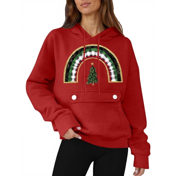 Bzhegqhd Women's Christmas Printed Hoodies Long Sleeve Pullover Top with Front Pockets Cozy Loose Fit Casual Streetwear Warm Winter Loungewear Holiday Graphic Fall Fashion Oversized