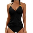 thumbnail image 2 of BLTIBY Womens Swimsuits 2 Piece Ruched Tankini Swimsuit V Neck Halter Neck Tie Back Bathing Suits with Triangle Panties Tummy Control Swimwear Black L, 2 of 7