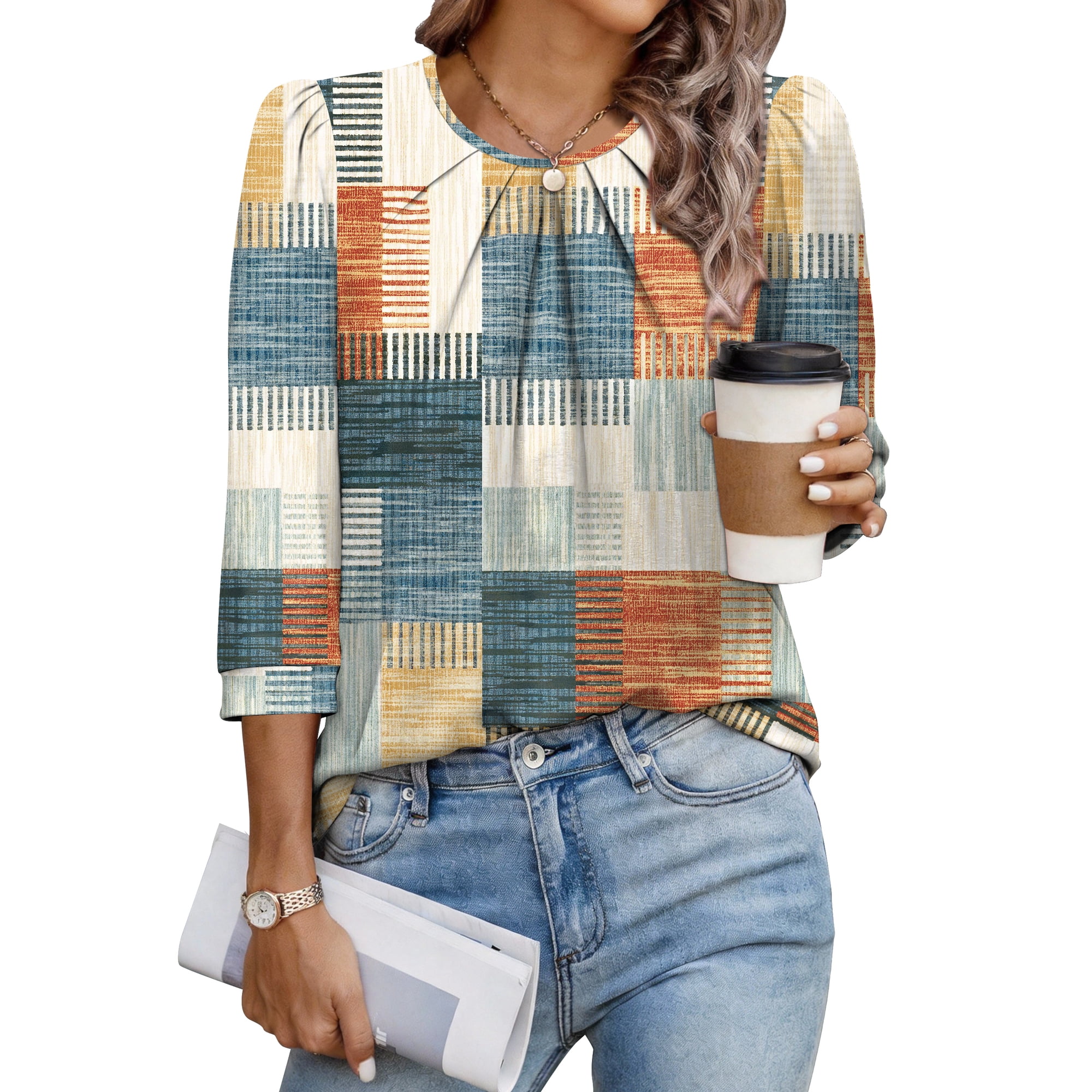 WIHOLL Women's 3/4 Sleeve Tops Dressy Casual Pleated Business Work Blouses Office Shirts