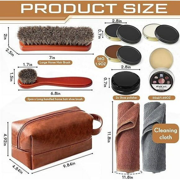 13 Pcs Shoe Shine Kit for men Shoe Polish Kit Includes Black Brown Neutral Mink Oil Polish, Leather Boot Care Brush Sponges Microfiber Cloth and Storage Bag(Brown)