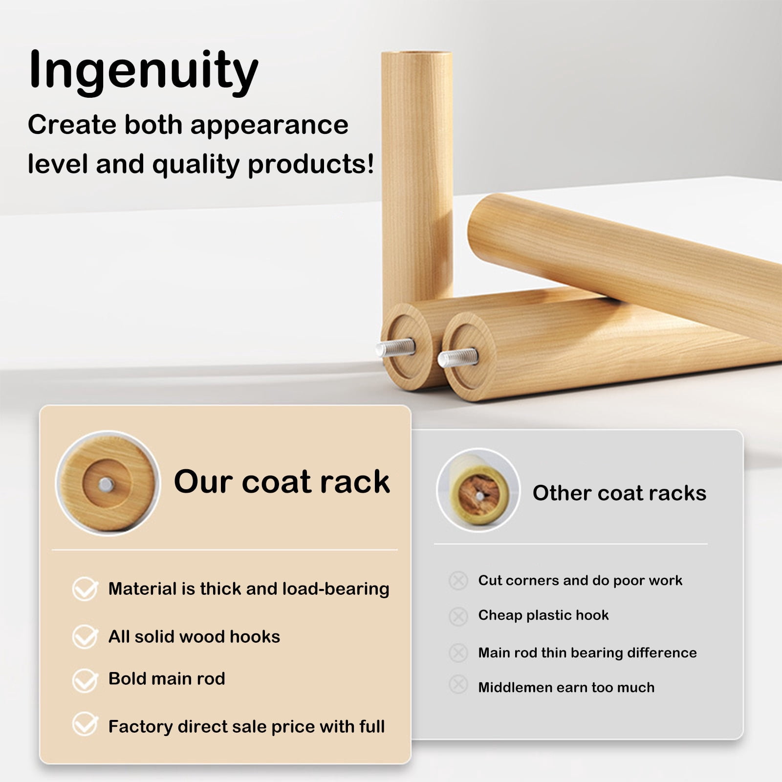 Tyidzon Coat Rack Freestanding 53 Inch Tall Coat Rack Stand with 6 Hooks for Hats, Bags, Purses, for Entryway, Hallway, Rubberwood, Beige