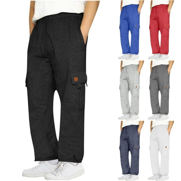 LODIENY Men's Cargo Sweatpants Casual Drawstring Elastic High Waist Fleece Joggers Loose Fit Open Bottom Athletic Pants for Men with Multi-Pockets Black M