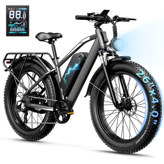 YareYi Electric Bike for Adults 26", 750W Rated E-Mountain Bicycle, 28MPH Fat Tire Ebike, 48V 15Ah Removable Battery, 7 Speed and Front Suspension with Rear Rack, UL2849 Certified, Gray