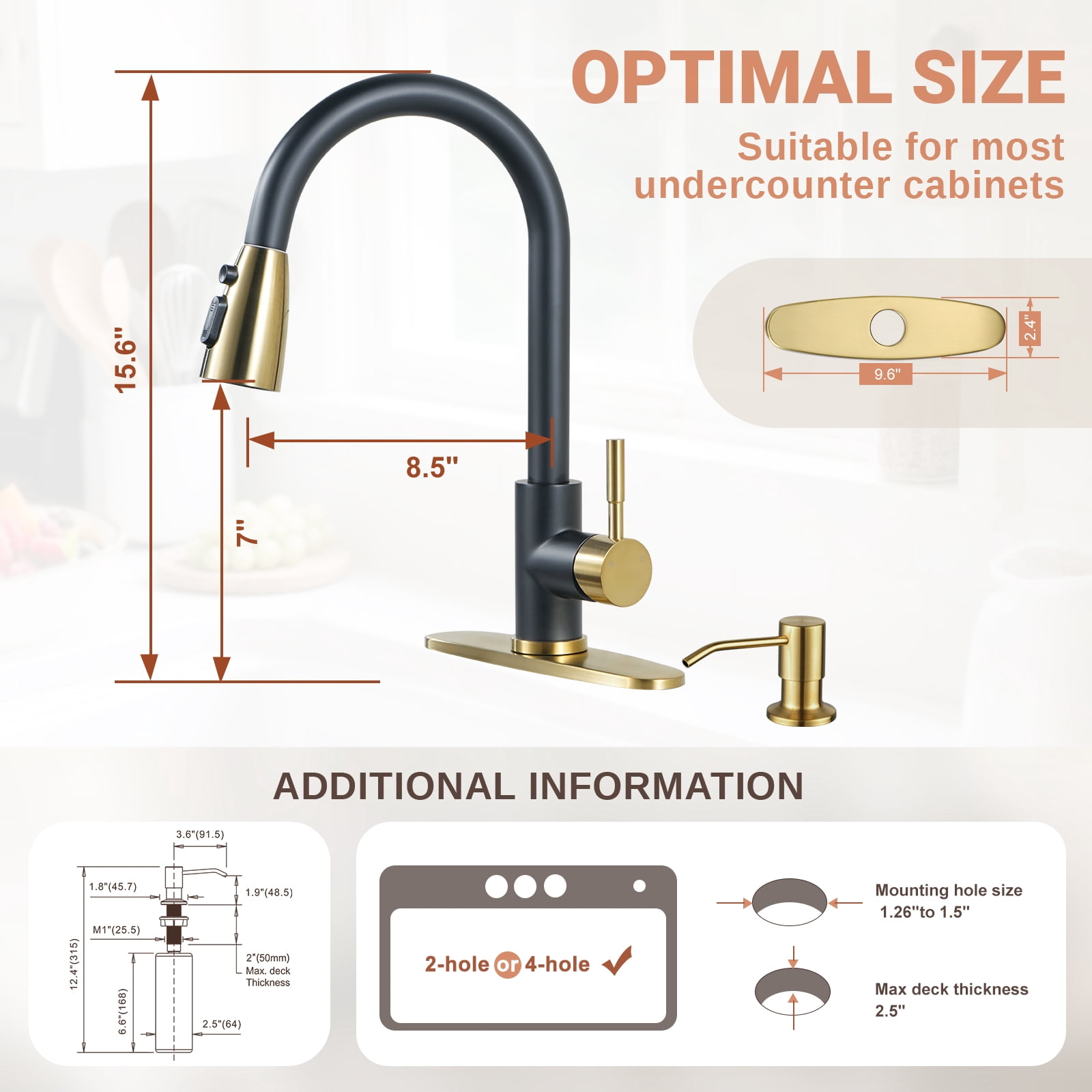 Wowow Single Handle Pull Down Sprayer Kitchen Faucet with Deckplate and Soap Dispenser in Black and Gold