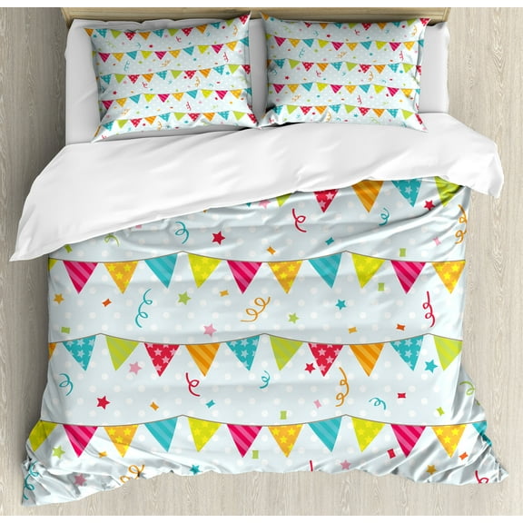 Birthday Duvet Cover Set, Colorful Triangular Party Flags on the Swirls and Stars Design Print Composition, Decorative 3 Piece Bedding Set with 2 Pillow Shams, Queen Size, Multicolor, by Ambesonne