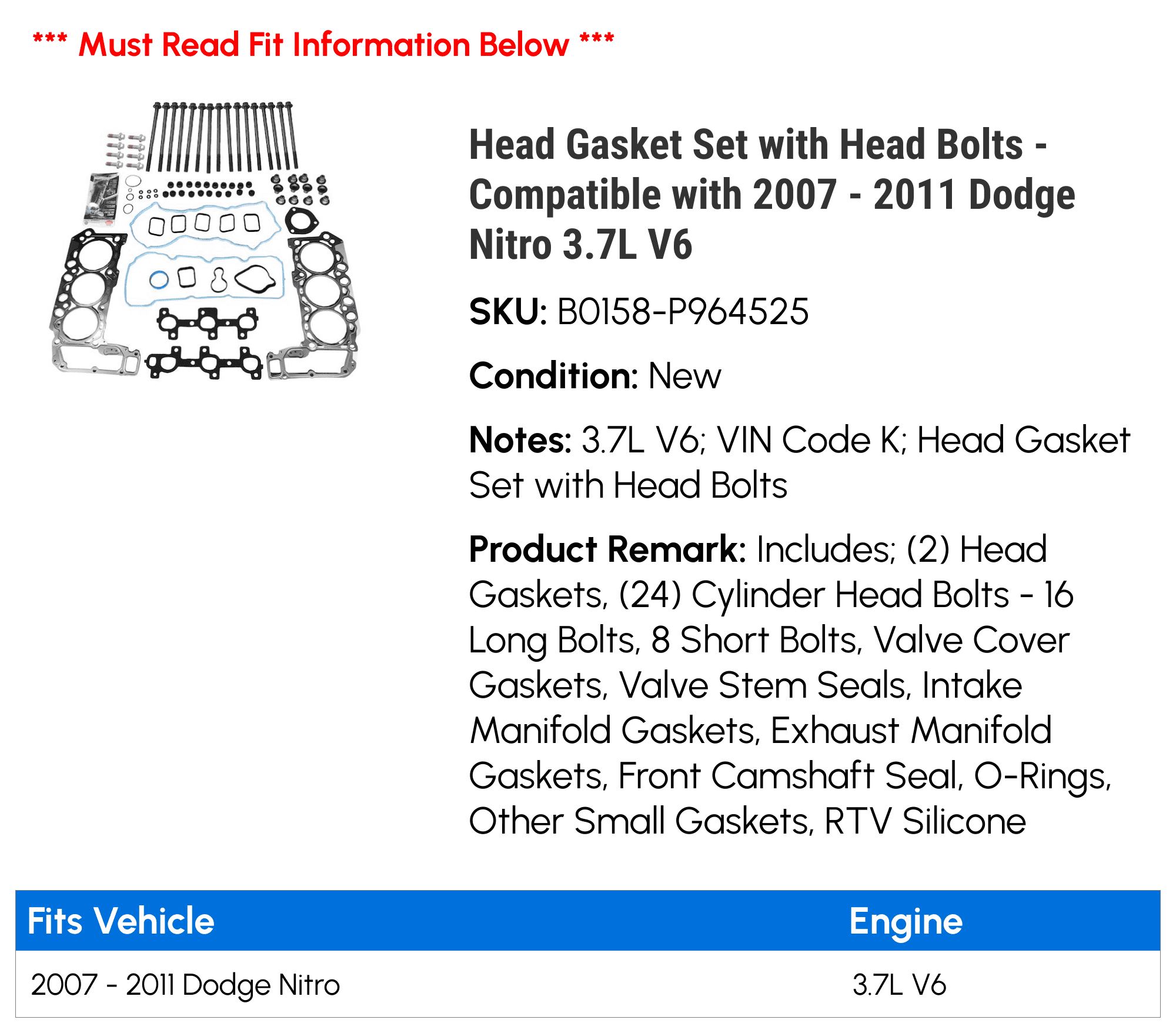 Head Gasket Set with Head Bolts - Compatible with 2007 - 2011 Dodge Nitro 3.7L V6 - Replacement