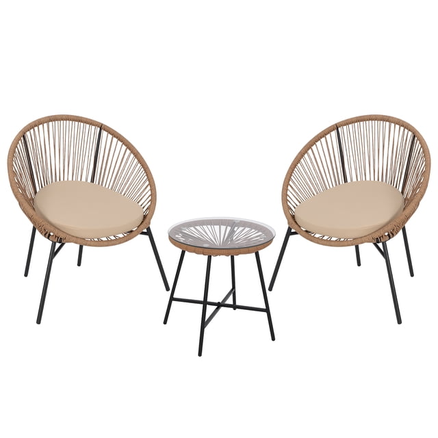 Outdoor Patio Bar Table Set – 3 Piece Acapulco Style Rattan Furniture with Glass Top, 2 Cushioned Chairs, All-Weather Conversation Seating for Garden, Balcony, Deck – Brown