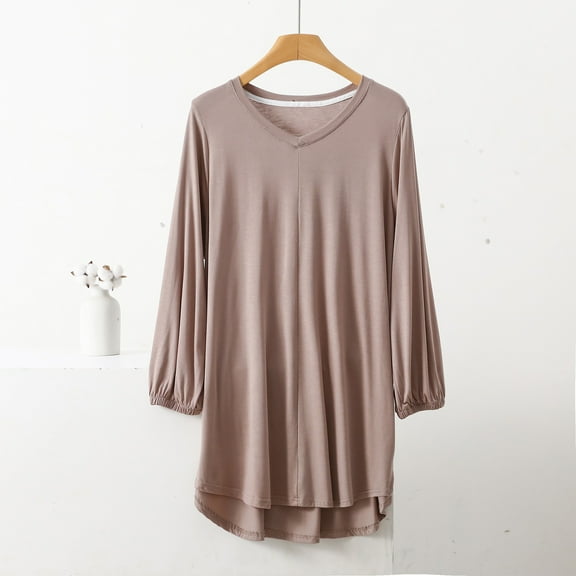 ylioge XL-5X Plus Size Pajama Tops for Women Long Sleeve V Neck Modal-Sleepshirts Womens Casual Solid Color Pullover Soft Loungewear Tees Tops