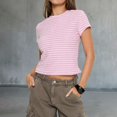 thumbnail image 2 of WHEANG Womens Summer Tops Classic Striped Crew Neck Short Sleeve T Shirts for Women Slim Fit Soft Casual Basic Tee Versatile Stretchy Undershirt Top for Daily Summer Outdoor Wear Pink 2XL, 2 of 4