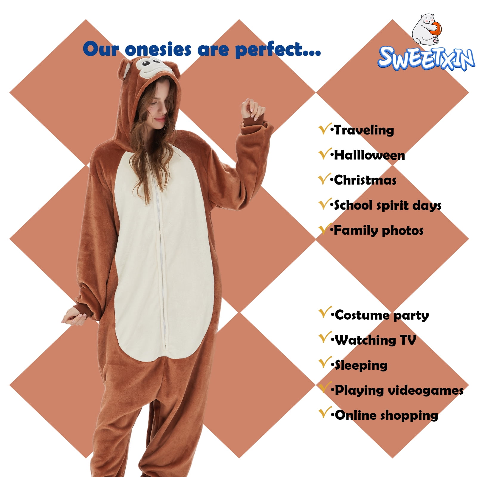SWEETXIN Adult Monkey Unisex Onesie Pajamas Halloween Cosplay Costume Suit for Women and Men Jumpsuit SizeM