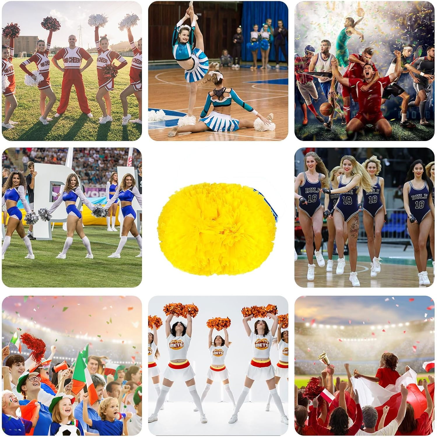 Cheerleader Pom Poms 12 Pack Sports Dance Cheering Plastic Metallic Cheerleading Pom Poms for Kids Adults